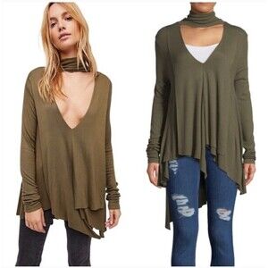 Free People Womens Medium Uptown Turtleneck Top in Army Green Long Sleeve Tunic